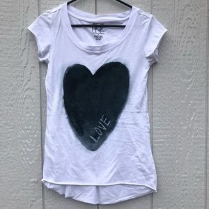 white raw edge tee with black heart love
